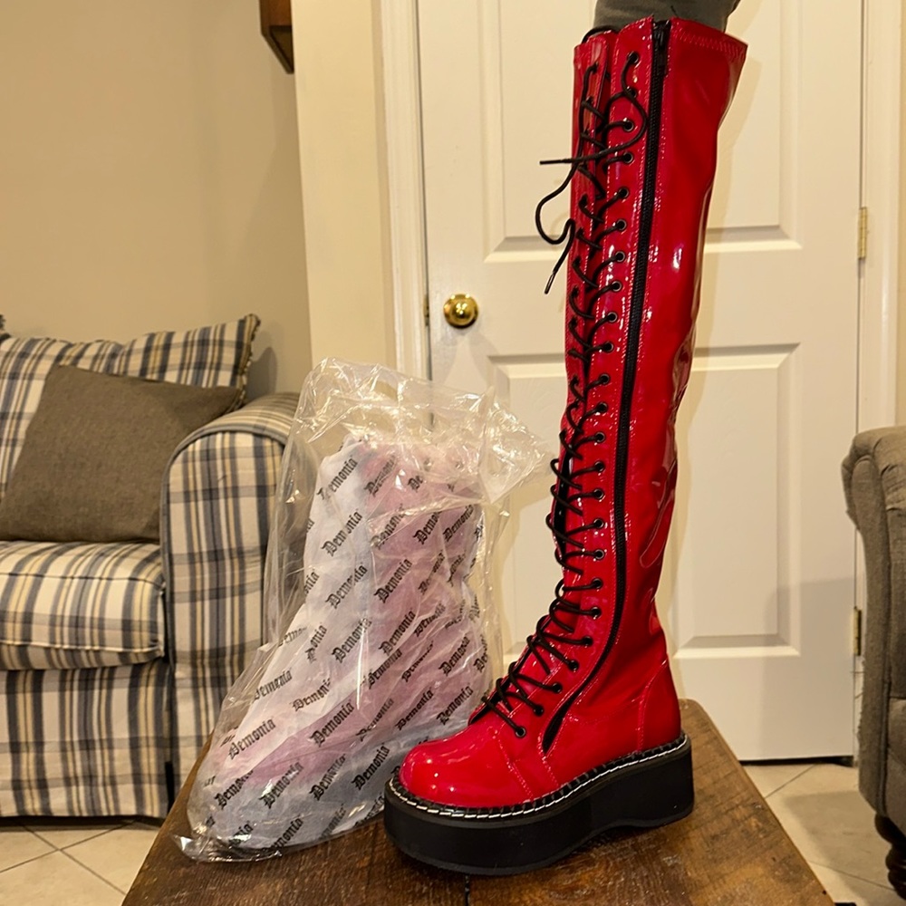 Demonia Mid-Thigh High Red Pat Platform Wedge Boots Size 7 US Womens